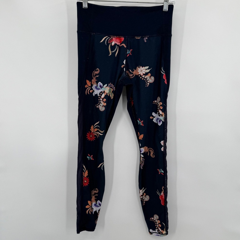 Athleta Floral Mesh Panel High Rise Leggings Navy Blue Womens Size Medium - Picture 2 of 8